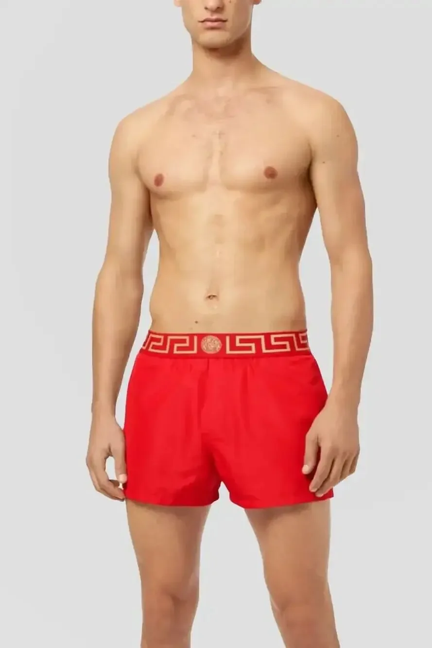 NWT Versace Greca Border Swim Shorts IT 8 US 2XL Red Medusa Logo Elastic Waist